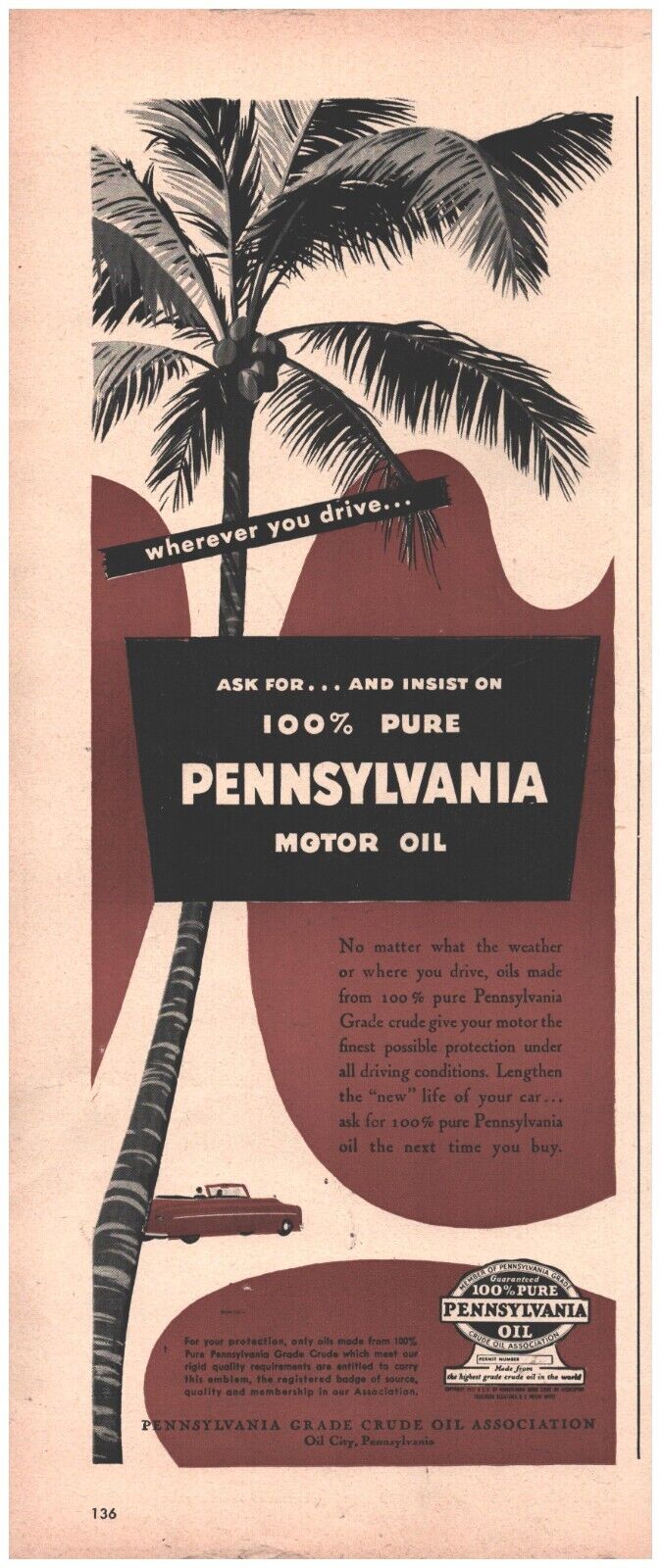 1949 Pennsylvania Motor Oil Vintage Original Magazine Print Ad