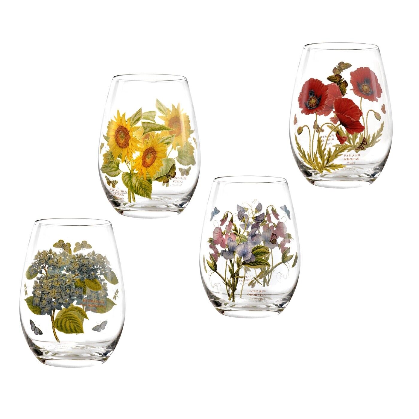 Portmeirion Botanic Garden 8 Stemless Wine Glasses Pea Hydrangea Poppy Sunflower