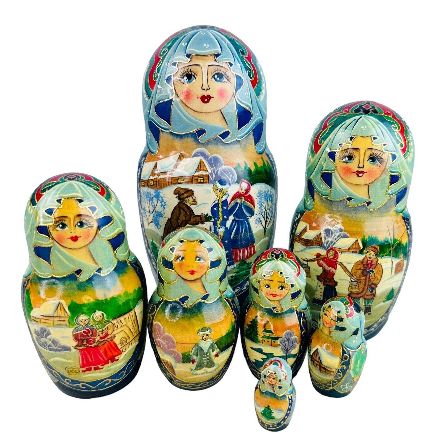 Vintage Rare Hand Painted Russian Matryoshka 7“ Set Of 7 Nesting Dolls