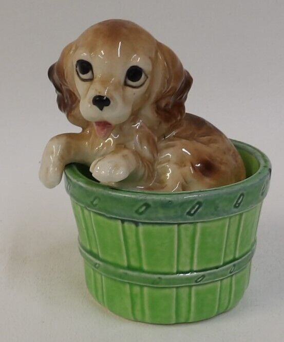 Vintage Cocker Spaniel Puppy Dog in Bushel Basket Salt Pepper Shakers