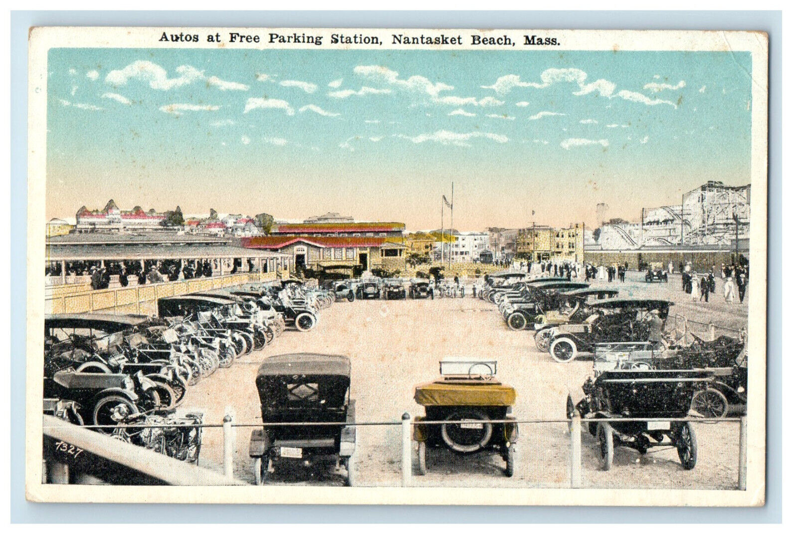 c1930s Autos at Free Parking Station, Nantasket Beach Massachusetts MA Postcard