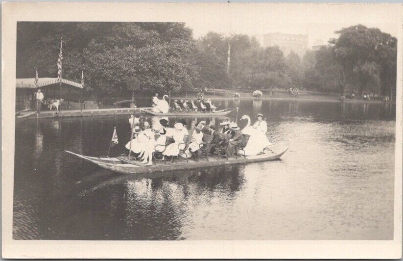 Vintage 1912 BOSTON Mass. Real Photo RPPC Postcard Swan Boats in PUBLIC GARDEN