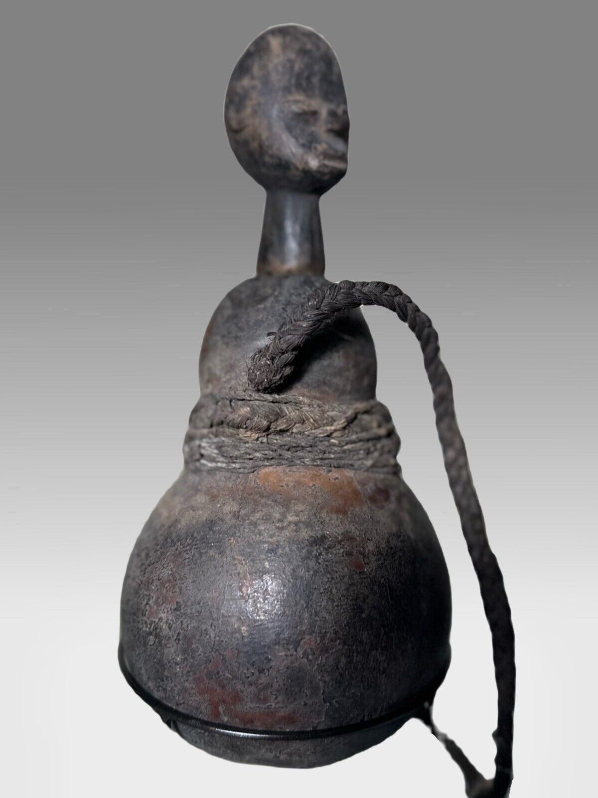 African Tanzanian Medicine Vessel w/ removable figural top 10” tall on stand