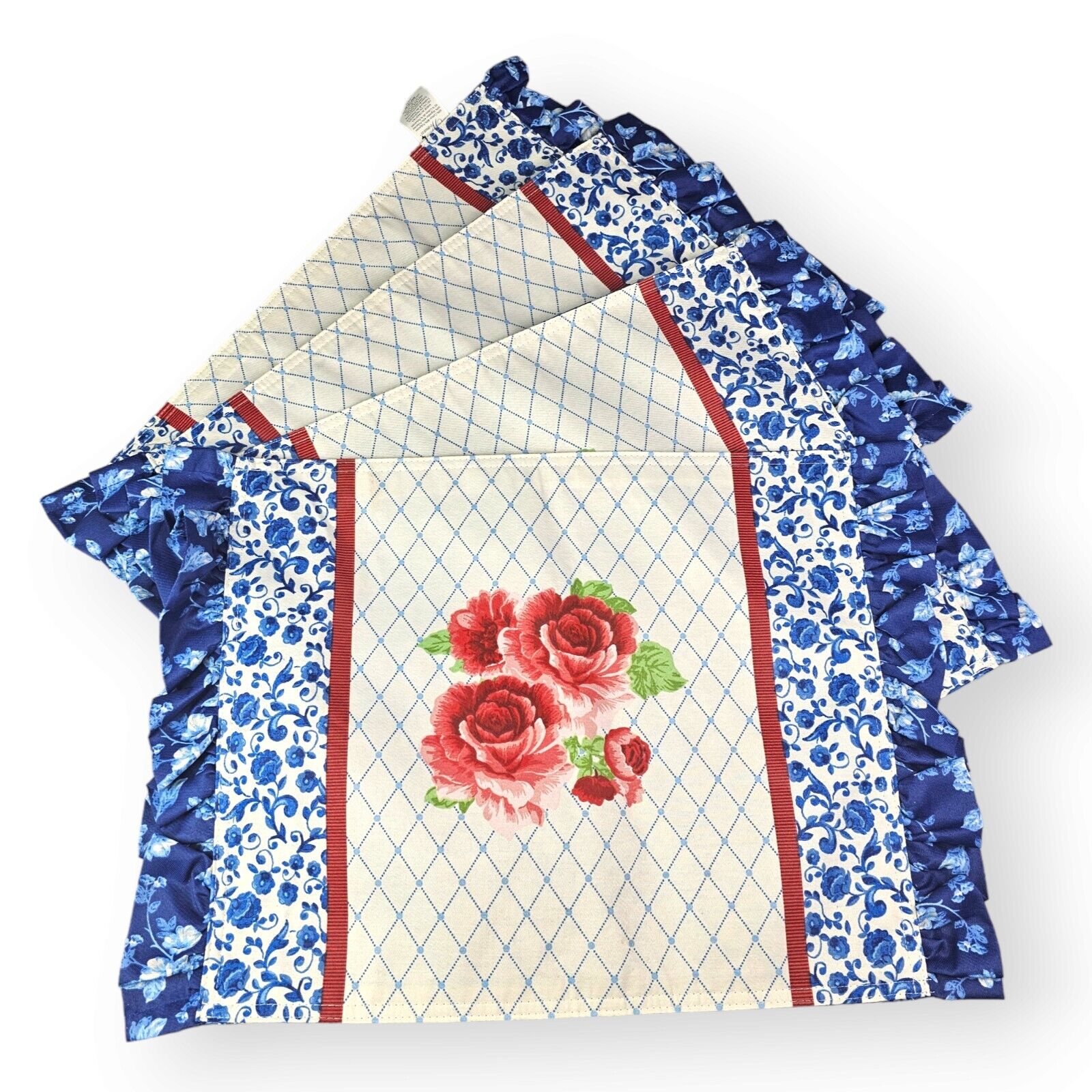 Set Of 4 Pioneer Woman Frontier Rose Red Blue Ruffled Edge Place Mats Reversible
