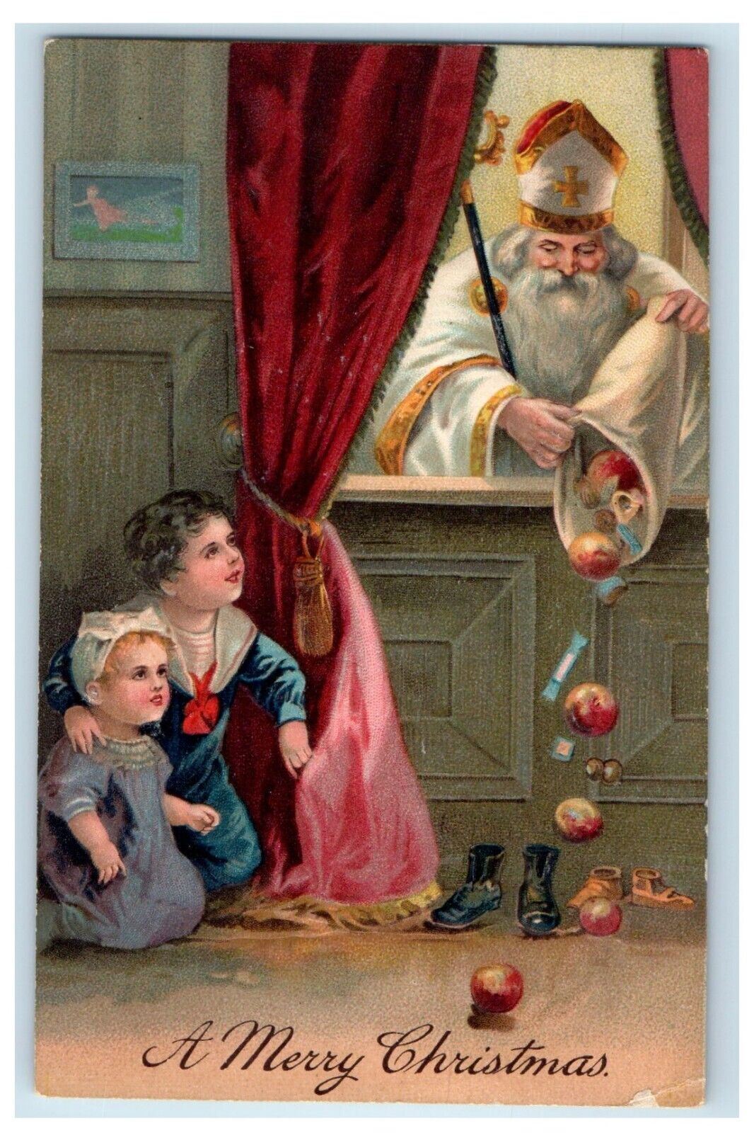 c1910 White Robe Saint Santa Old World Children Nikolo Fruit Embossed Postcard