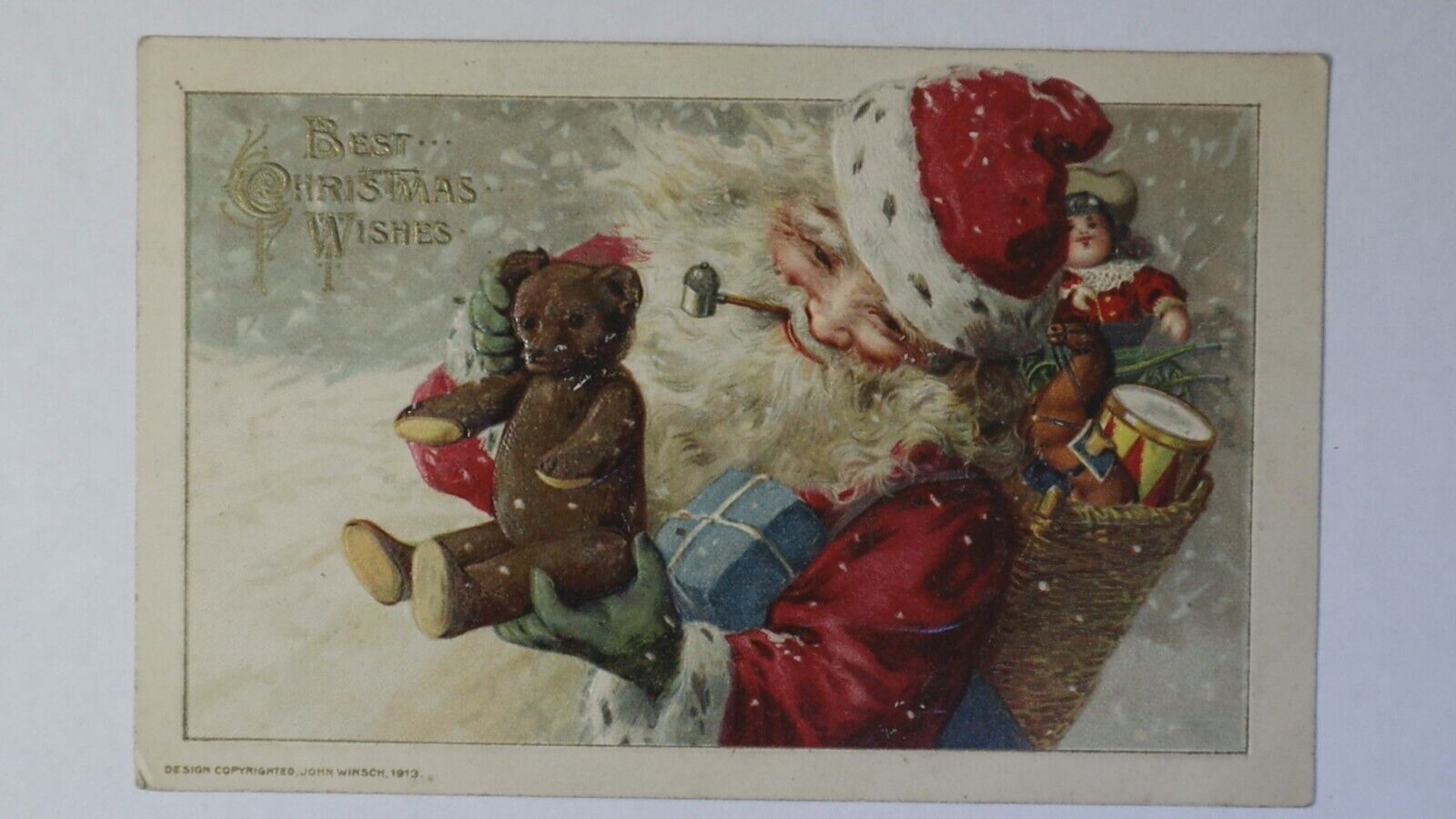 1913 Christmas Greeting Santa Claus Smoke John Winsch Toys Teddy Bear Post Card