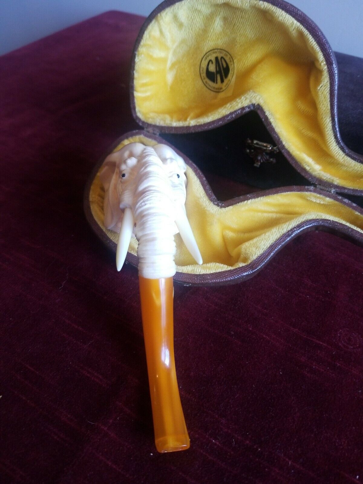 Vintage CAO Meerschaum Tobacco Pipe Elephant with Tusks Never Used with Case