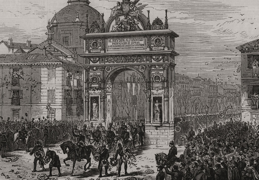 Alfonso XII\'s entry into Madrid: triumphal arch, Calle de Alcal?. Spain 1876