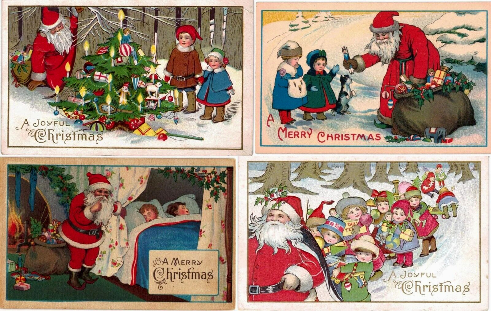 Colorful ~Lot of 4 SANTA CLAUS with Children ~Antique Christmas Postcards~h925