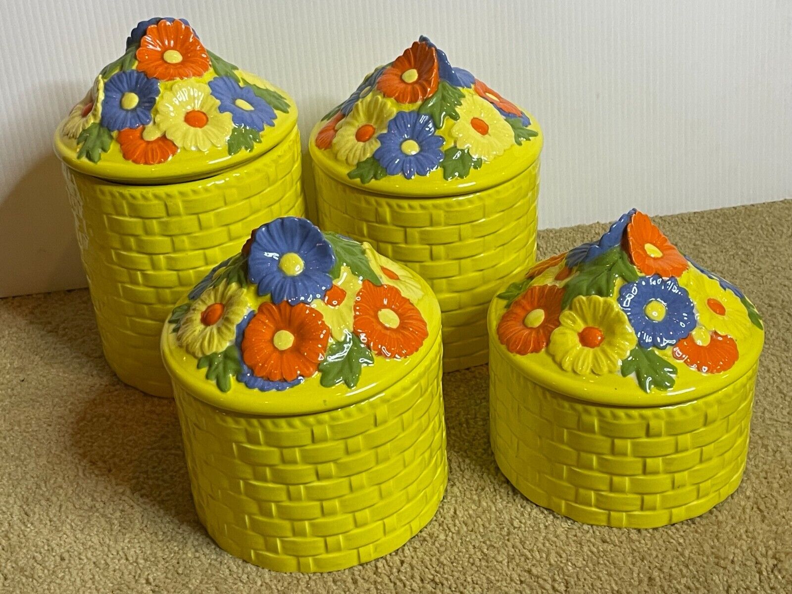 Vintage 70s Set 4 Kitschy Daisy Ceramic Mold Canisters Set Basketweave Yellow