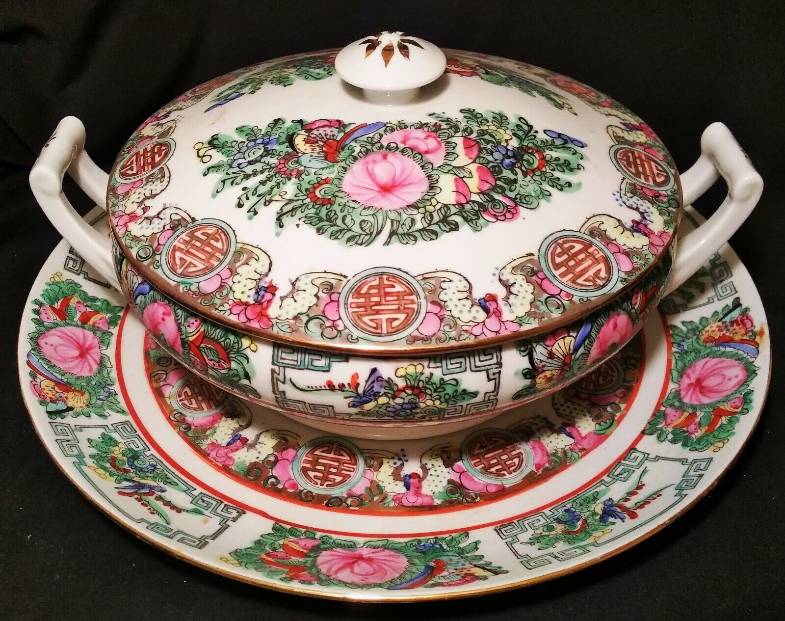 5 ROSE MEDALLION vtg covered serving bowl chinese porcelain plate hong kong art