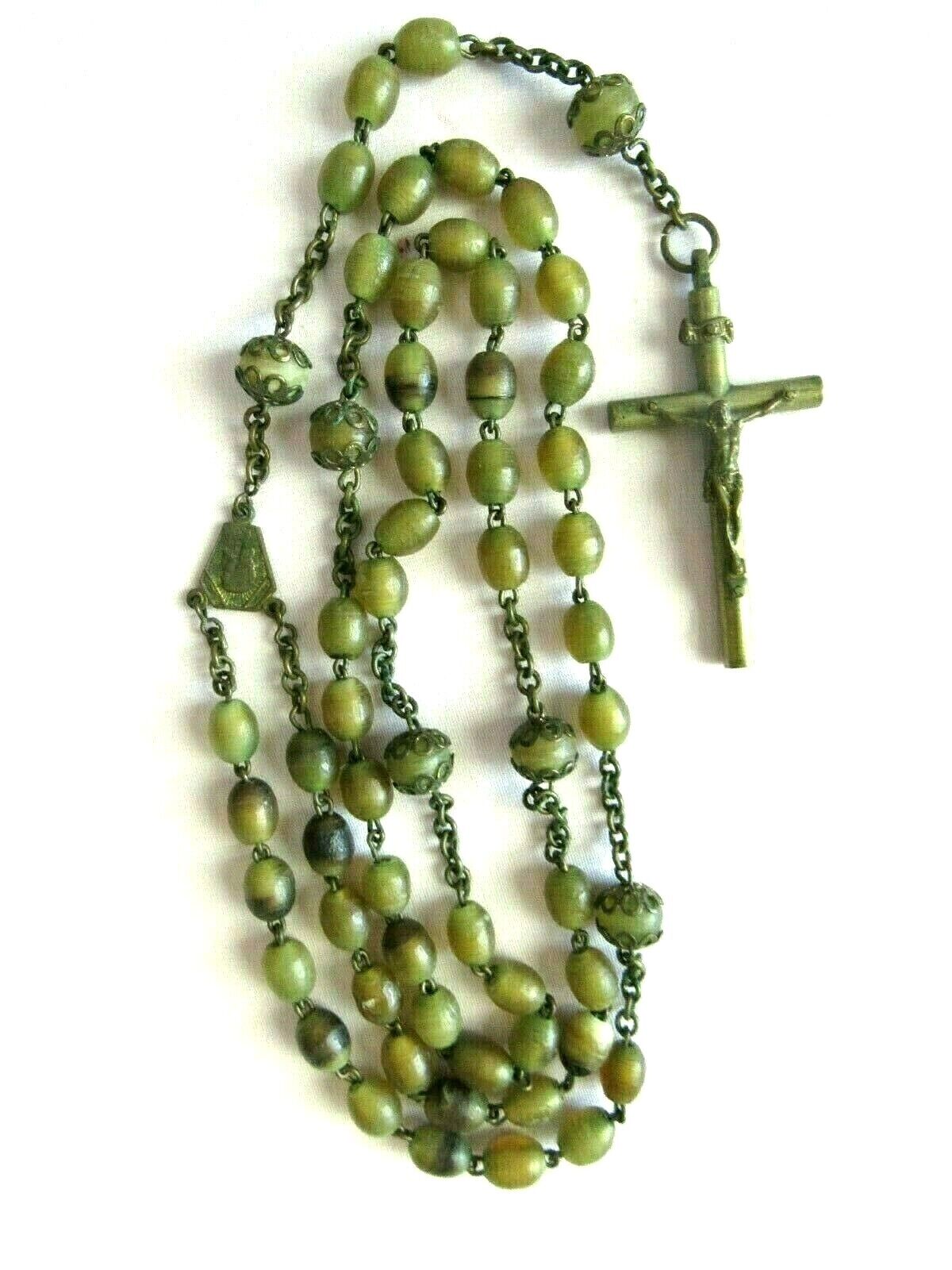 Antique Venetian African Trade Green Glass Filigree Cap INRI Crucifix Rosary 