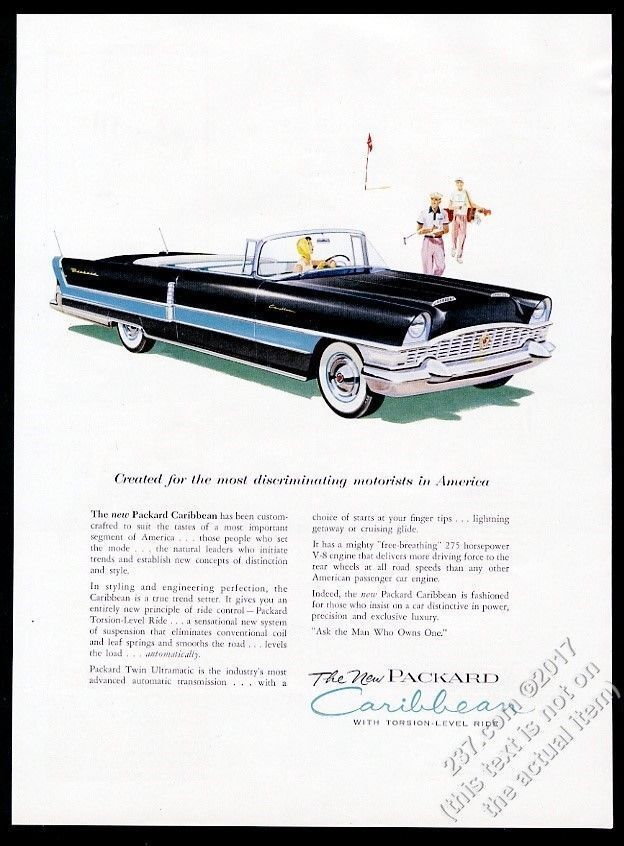 1955 Packard Caribbean convertible black and turquiose blue car art vintage ad