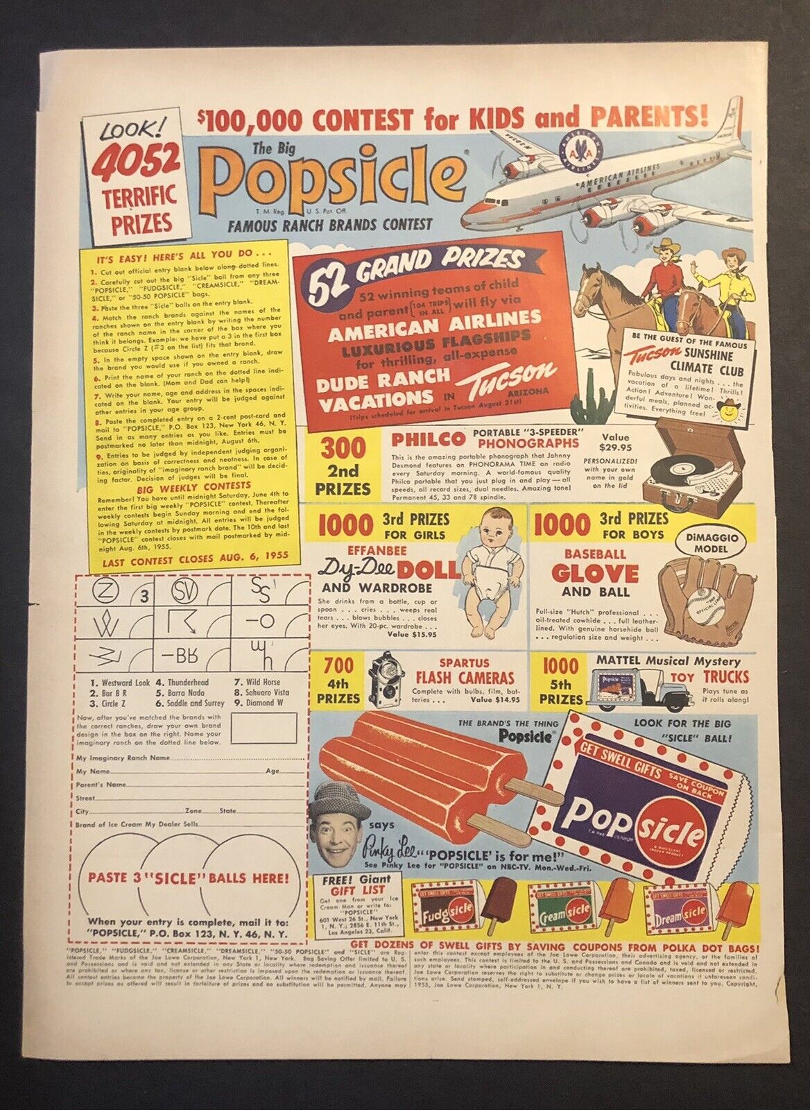 1950’s Popsicle Famous Ranch Brands Contest Pinky Lee Magazine Ad