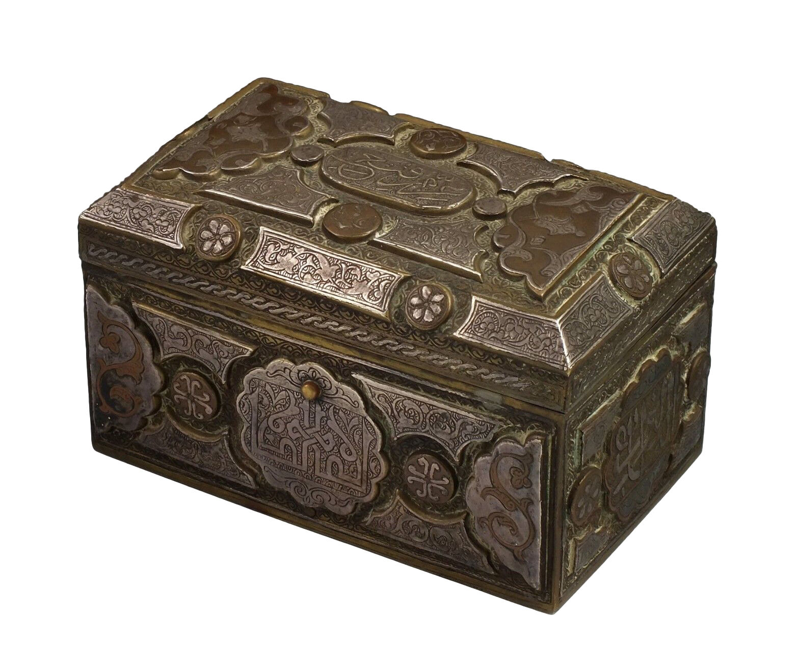 Fine 19thC Islamic Mixed Metals Casket Chest Box w/ Inlaid Wood Interior