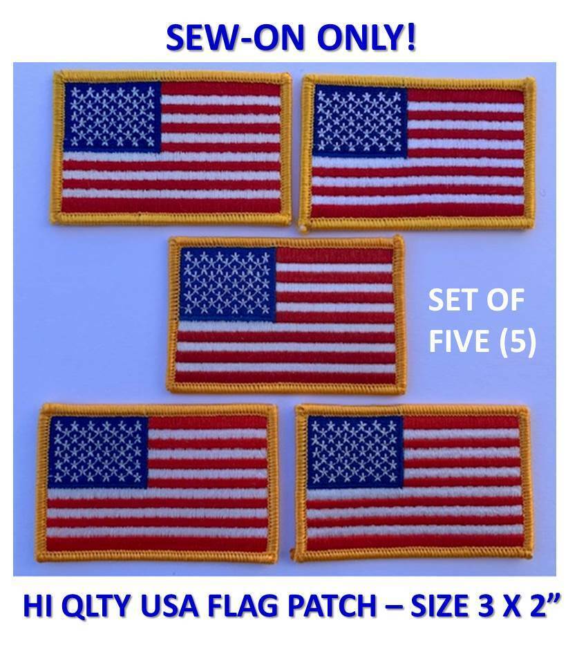 (SET OF 5) SEW-ON ONLY - USA AMERICAN FLAG EMBROIDERED PATCH GOLD BORDER (3x2”)
