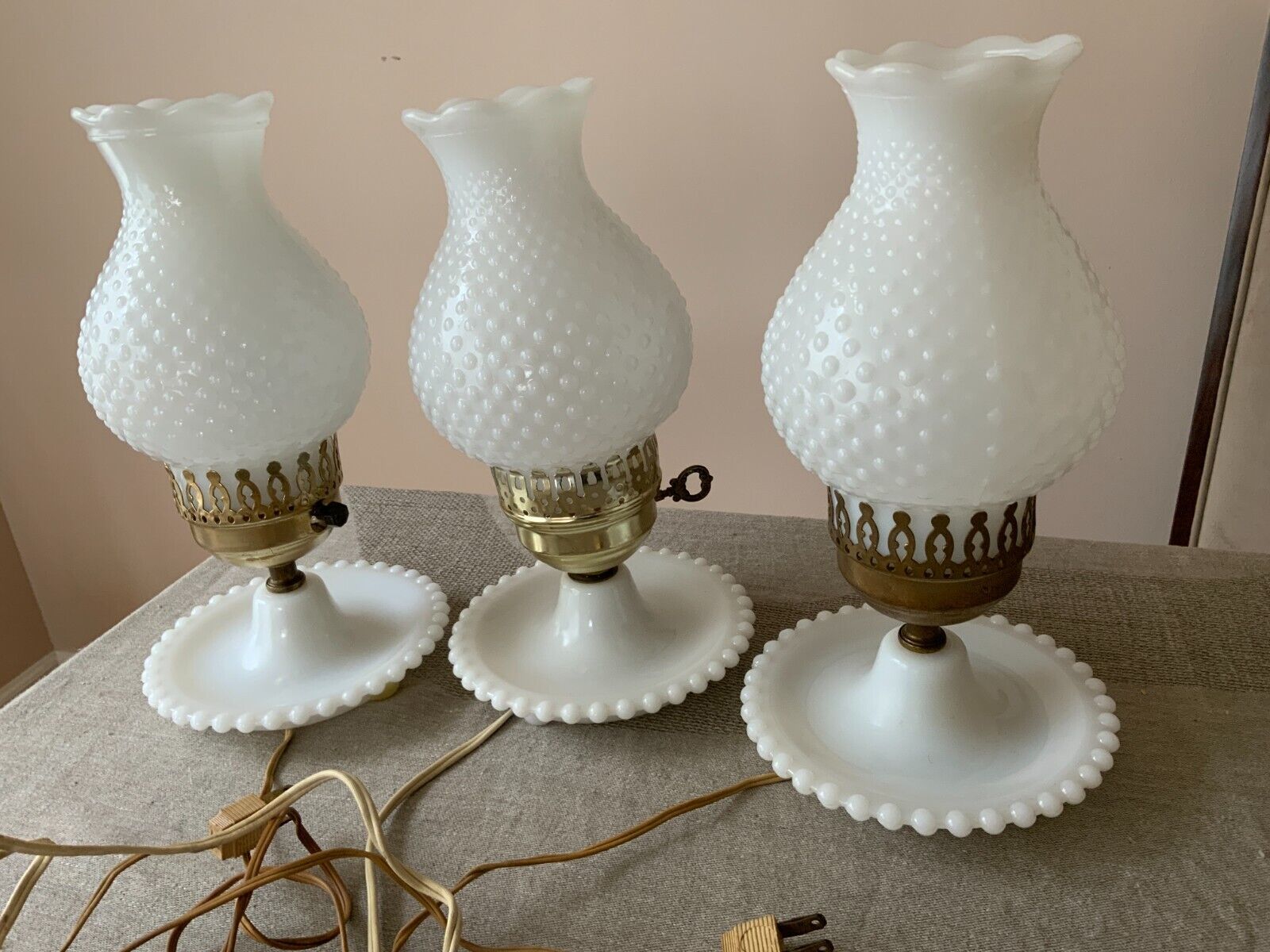 3 Vintage milk glass hobnail table desk Lamps with shades 11\