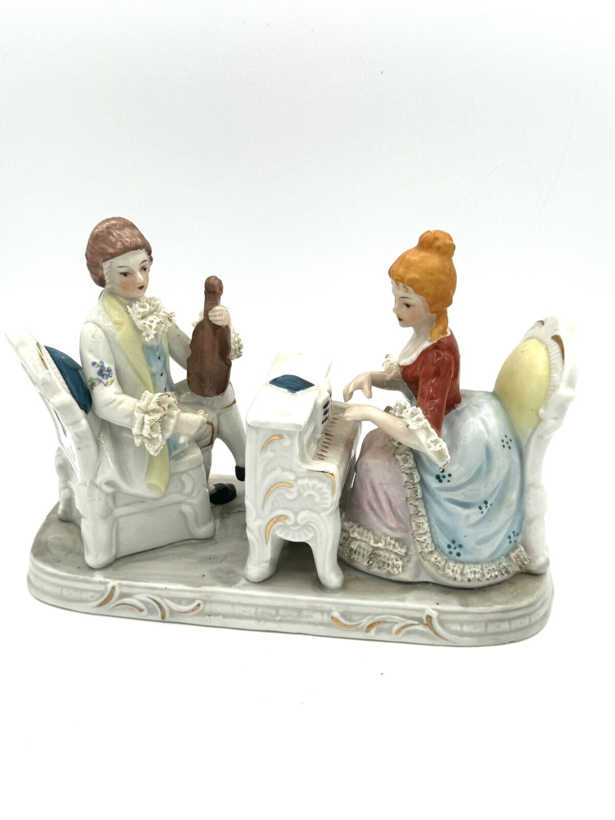 Vintage Dresden Porcelain Lace Figurine Victorian Couple Playing Piano & Violin