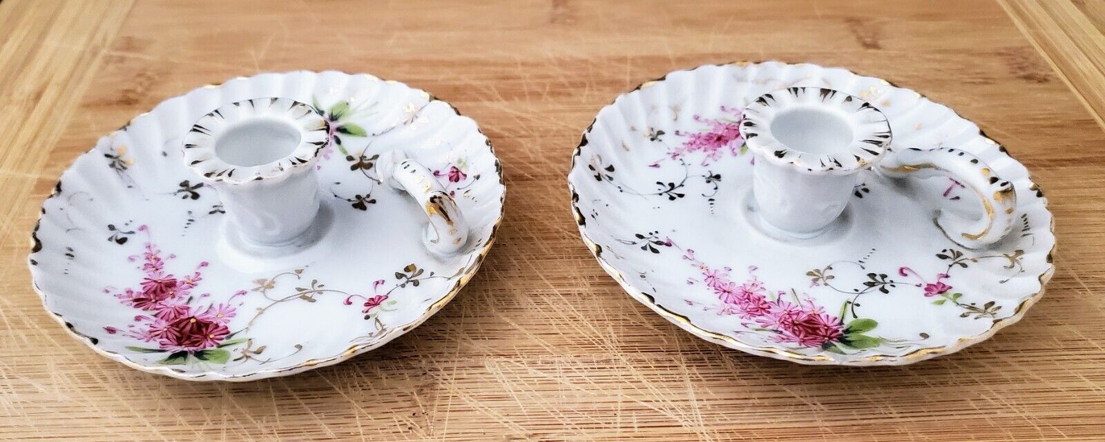 Pair of Porcelain Finger Hole Candle Holder w/Pink & Gold Hand Painted Flowers