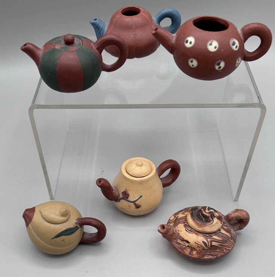 6 Miniature Clay Teapots - Handmade - Chinese Yixing Xishi(?)