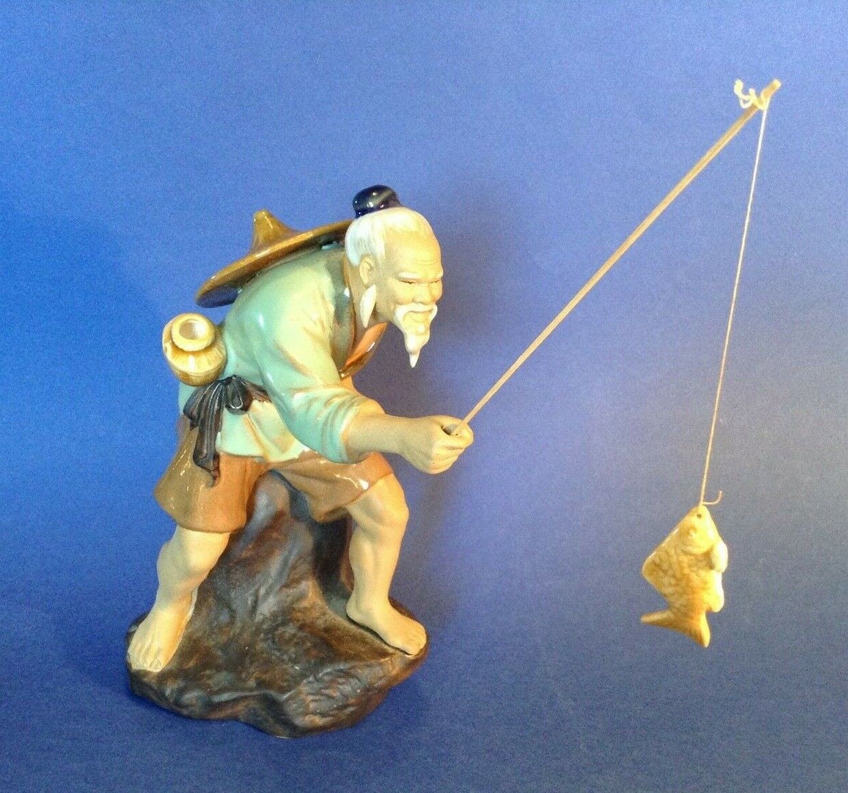 Vintage Shiwan Mud Man Fisherman With Wooden Pole And Fish - 7 1/2 Inches China