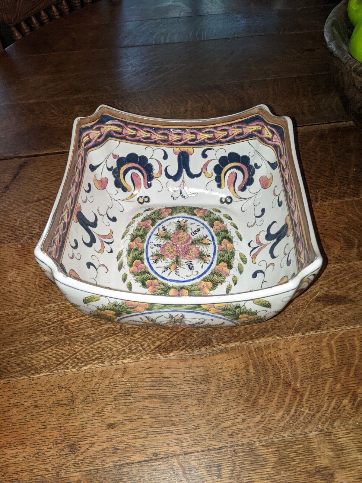 Vintage by Oriental Accent Hand Painted Square Bowl with Florals Stamped LARGE
