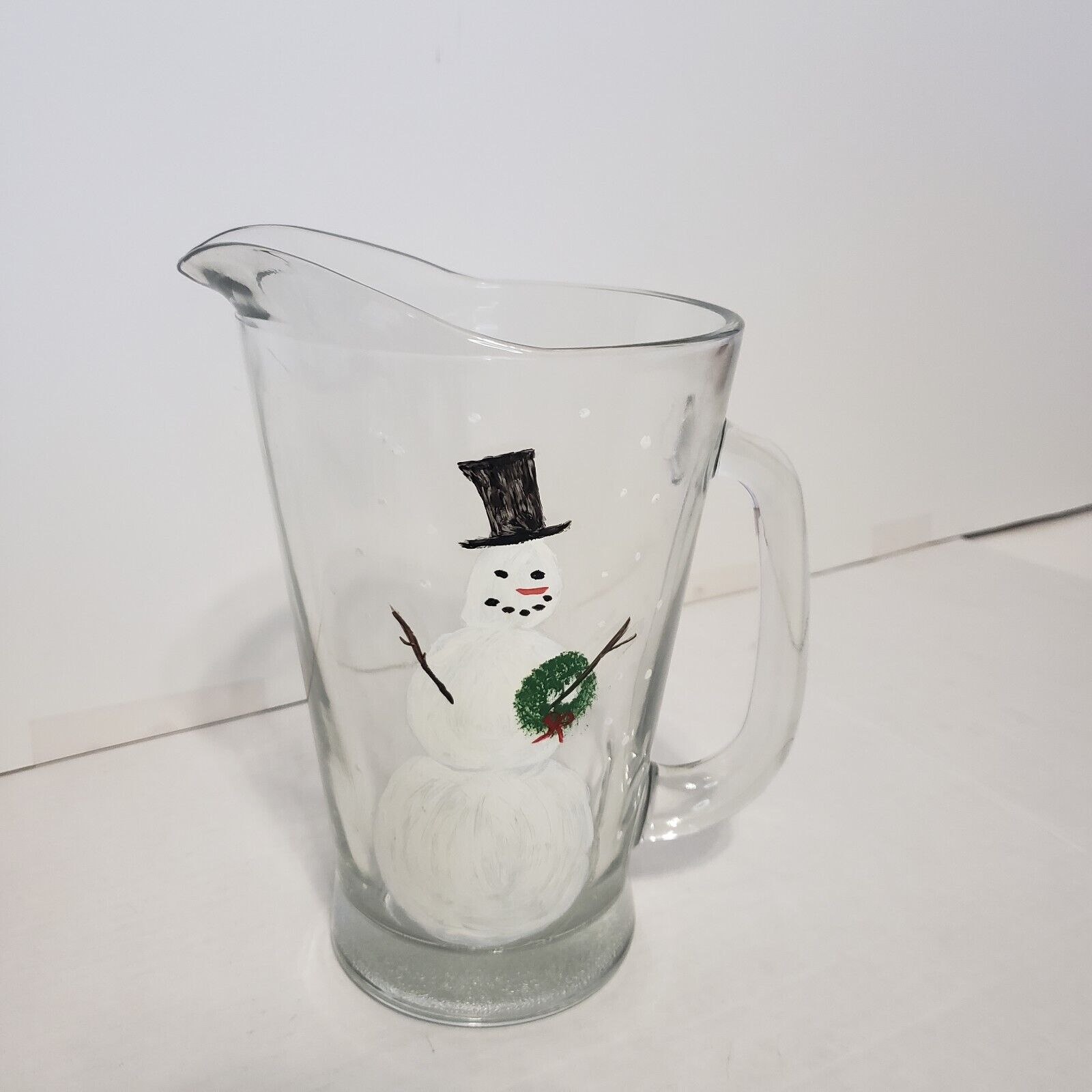 Water Pitcher Hand Painted Snowman Clear Glass Pitcher 52 Ounces 8 Inches