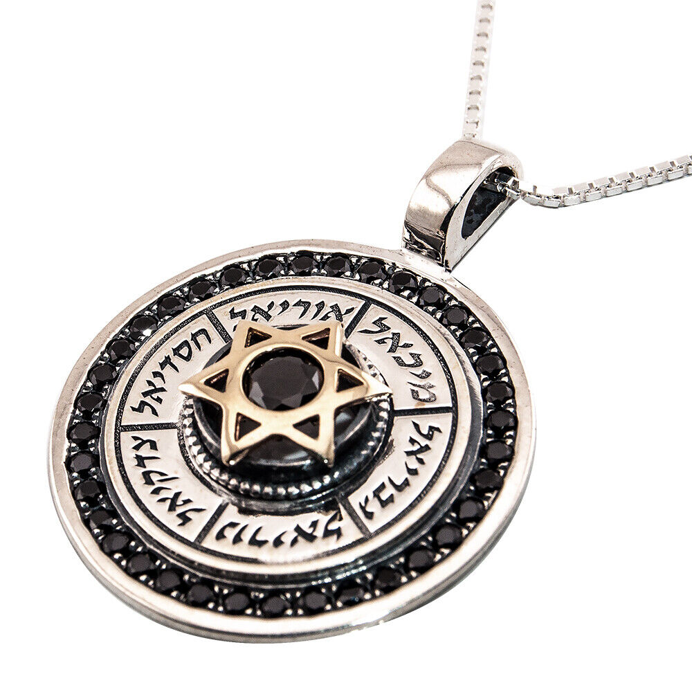Round Pendant Magen David and Angels Names Silver 925 Gold 9K Black Onyx Stones