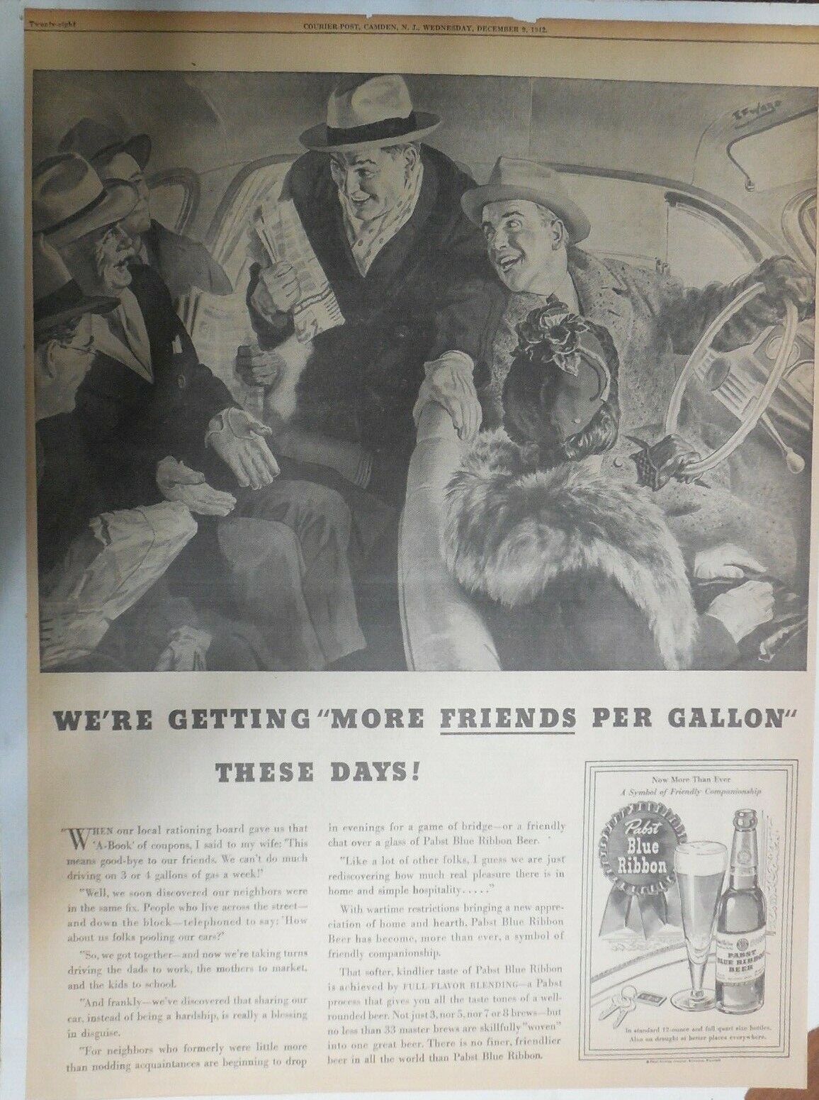 Pabst Beer World War Two Ad: Gas Rationing  from 1942 Size: 15 x 22 inches