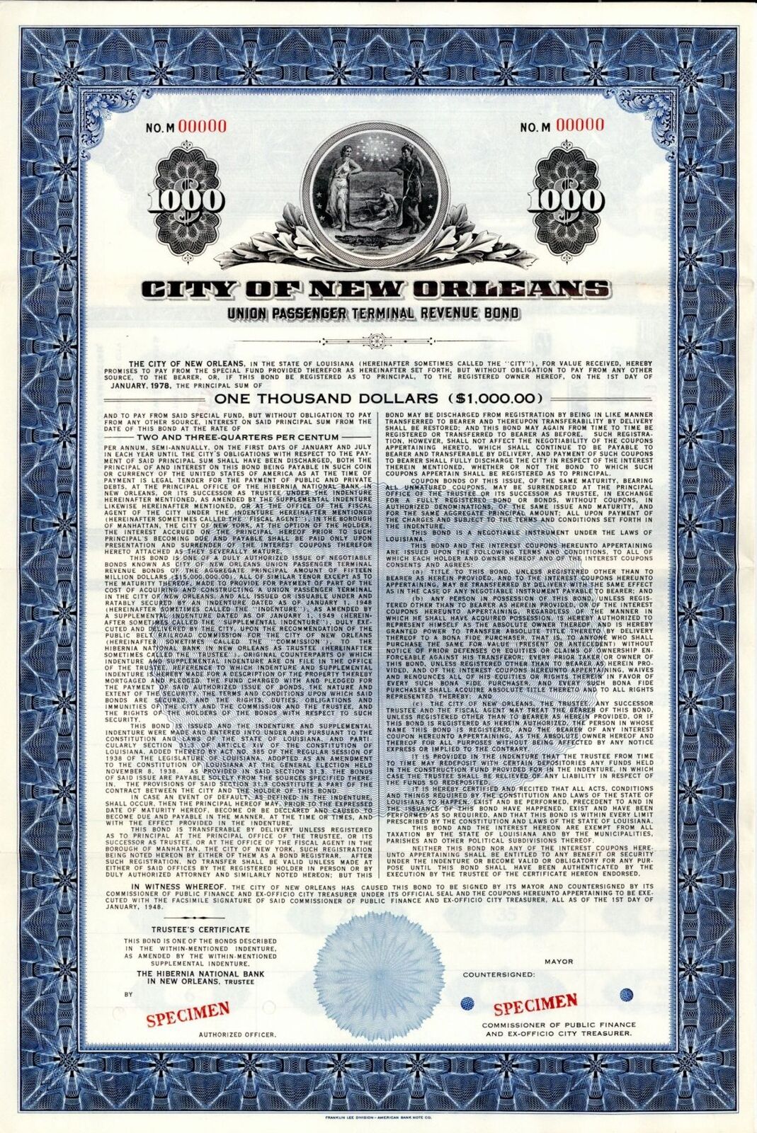 City of New Orleans - 1948 $1,000 Specimen Bond - Specimen Stocks & Bonds