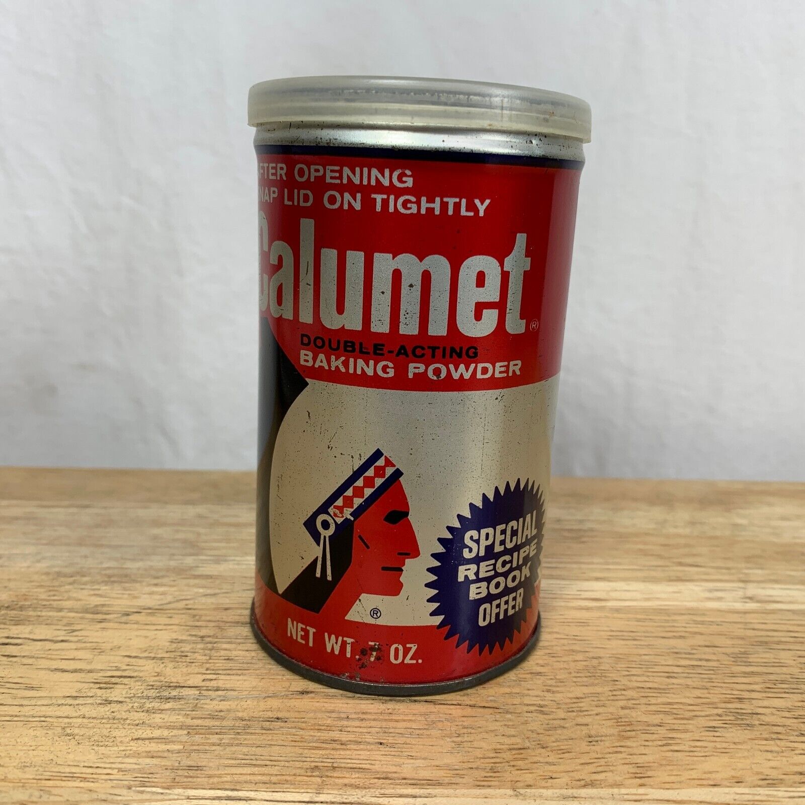 Vintage 1977 Calumet Baking Powder Tin Can 7 oz Metal Canister w/ Lid