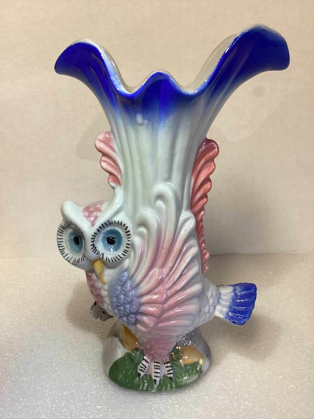 Beautiful Vintage Colorful Owl Vase 8” 