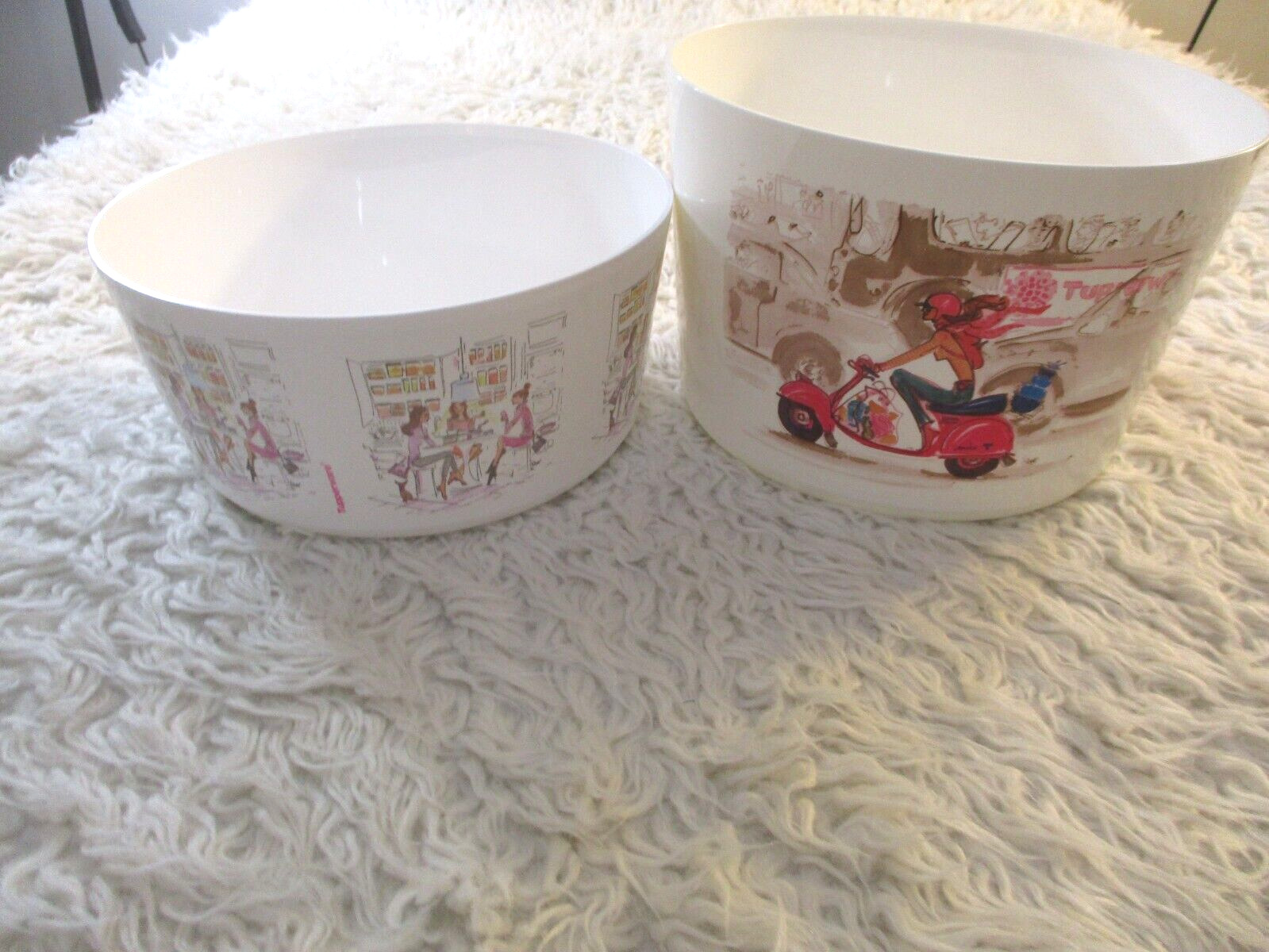 Tupperware Bowls SET Popcorn White Two Piece Moped Girl Collectible RARE