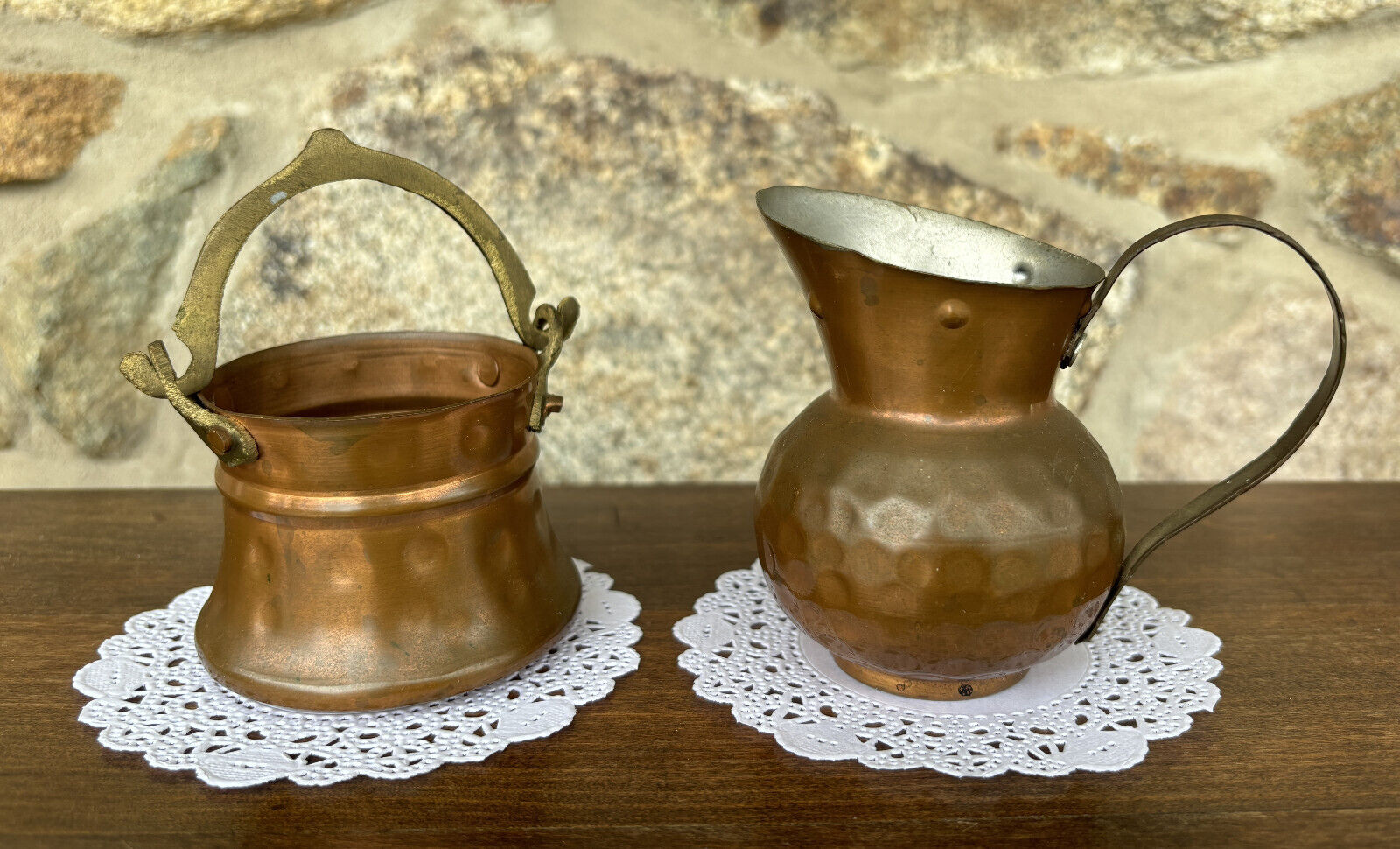 Hammered Small Metal Copper Cauldron Pot & Tin Lined Pitcher