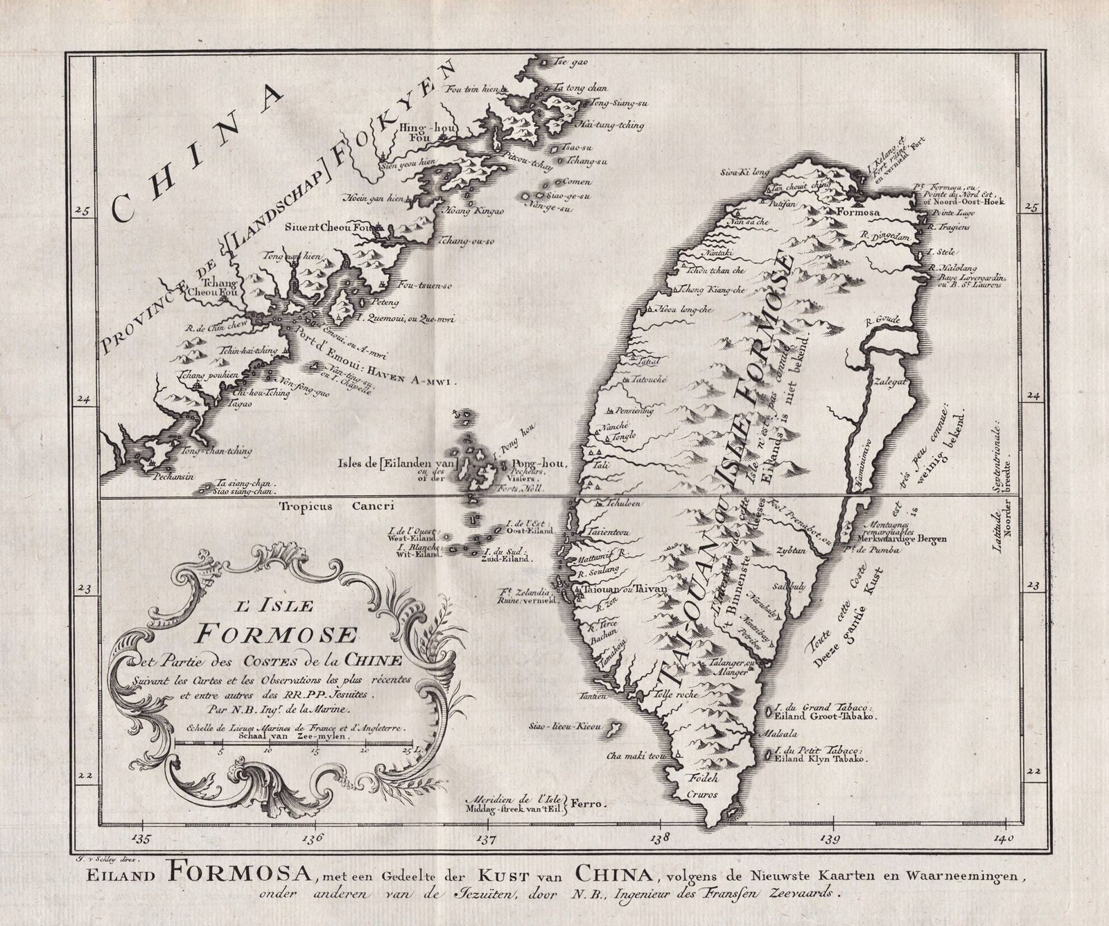 Taiwan Formosa Island Carte Card Map Engraving Schley Bellin 1763