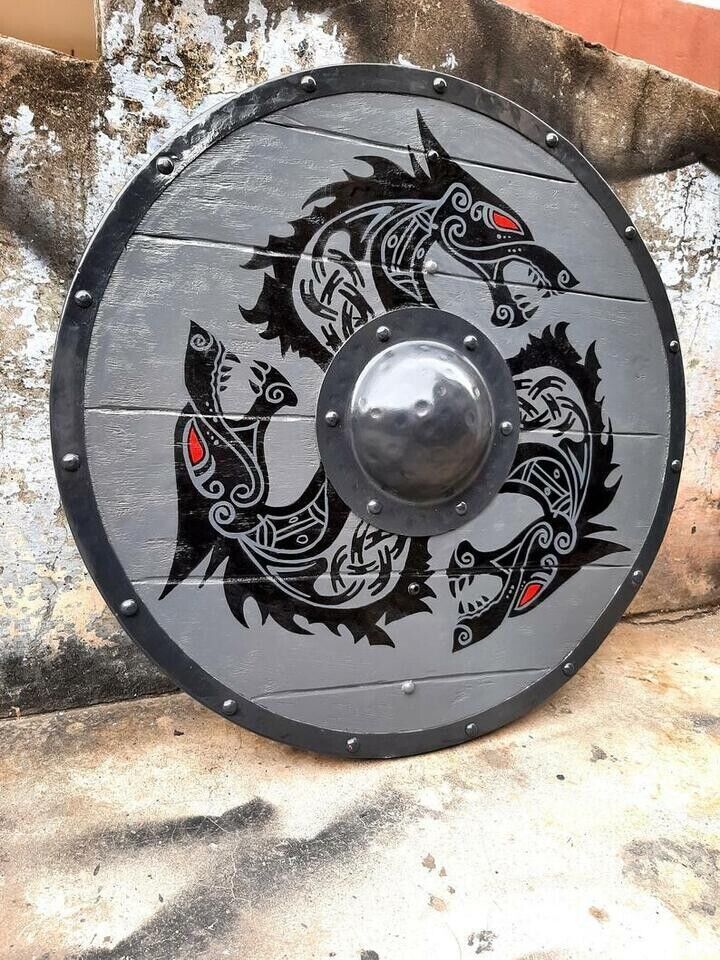 Medieval Dragon Warrior Shield Wood & Steel LARP SCA Battle Shield For Cosplay