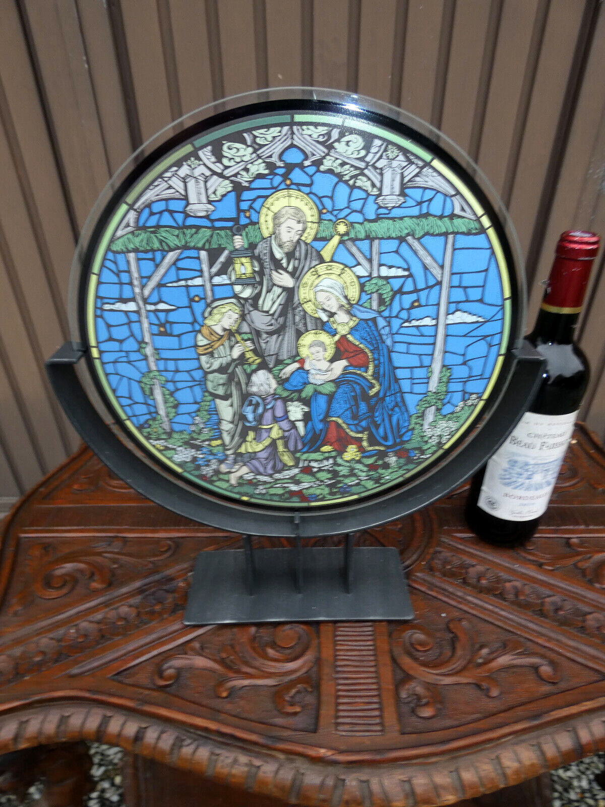 Vintage stained glass  panel nativity scene in frame stand
