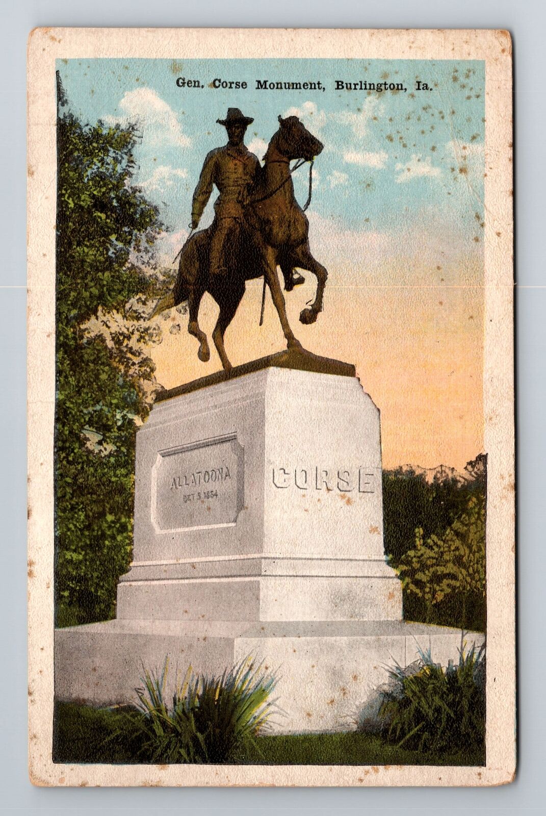Burlington IA-Iowa, General Corse Monument, Antique, Vintage Souvenir Postcard