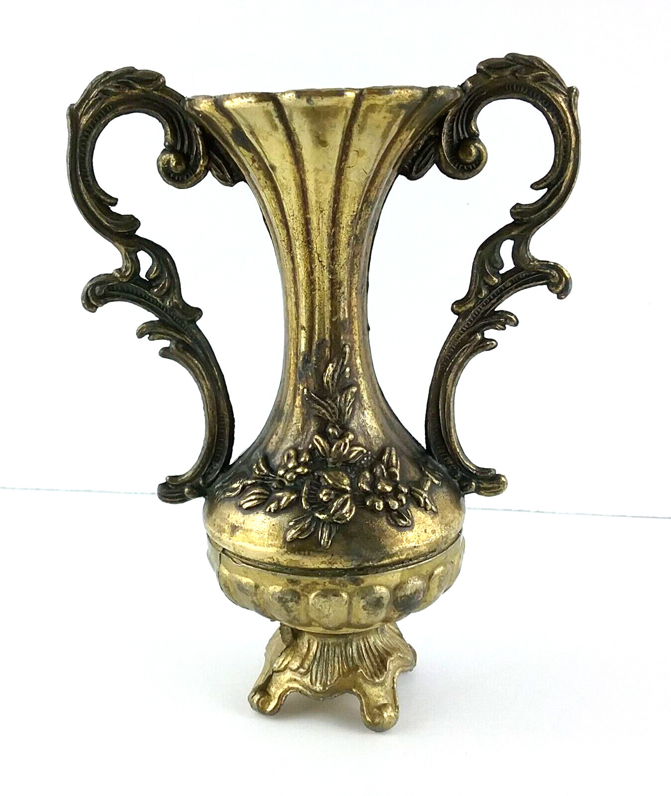 Italian Florentine Brass Minature Vase Floral Victorian Style Two Handles Vtg
