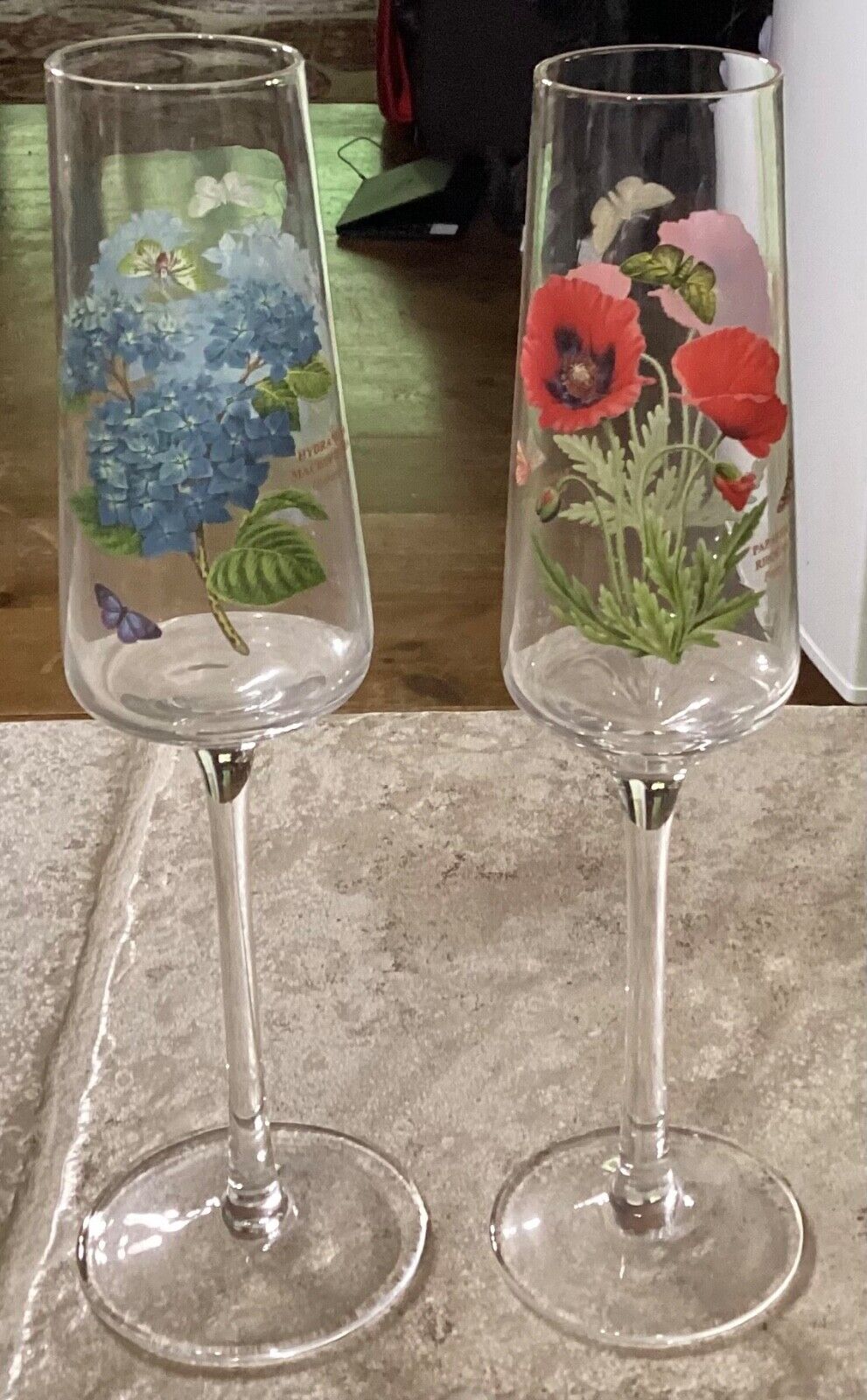 Portmeirion Botanic Garden Poppy & Hydrangea Glassware ~ Champagne Flutes
