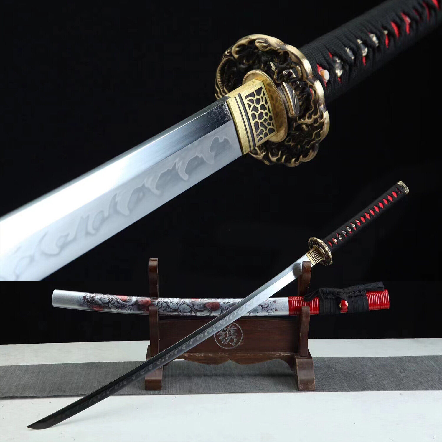 Red White Clay Tempered T10 Katana Japanese Samurai Sword Real Hamon Full Tang
