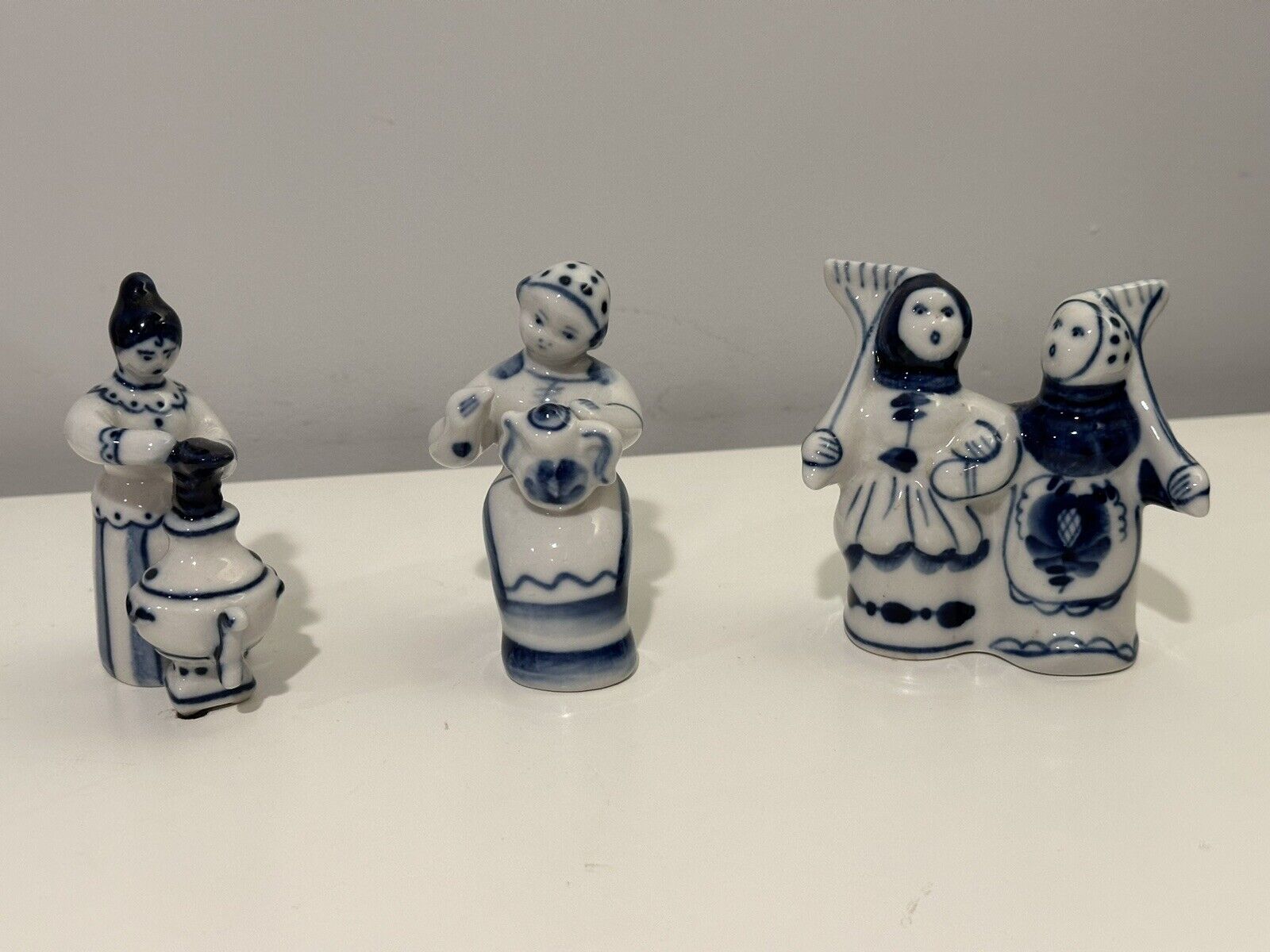 3 Porcelain Gzhel Blue & White Peasant Women Figurines Hand Painted USSR Vintage