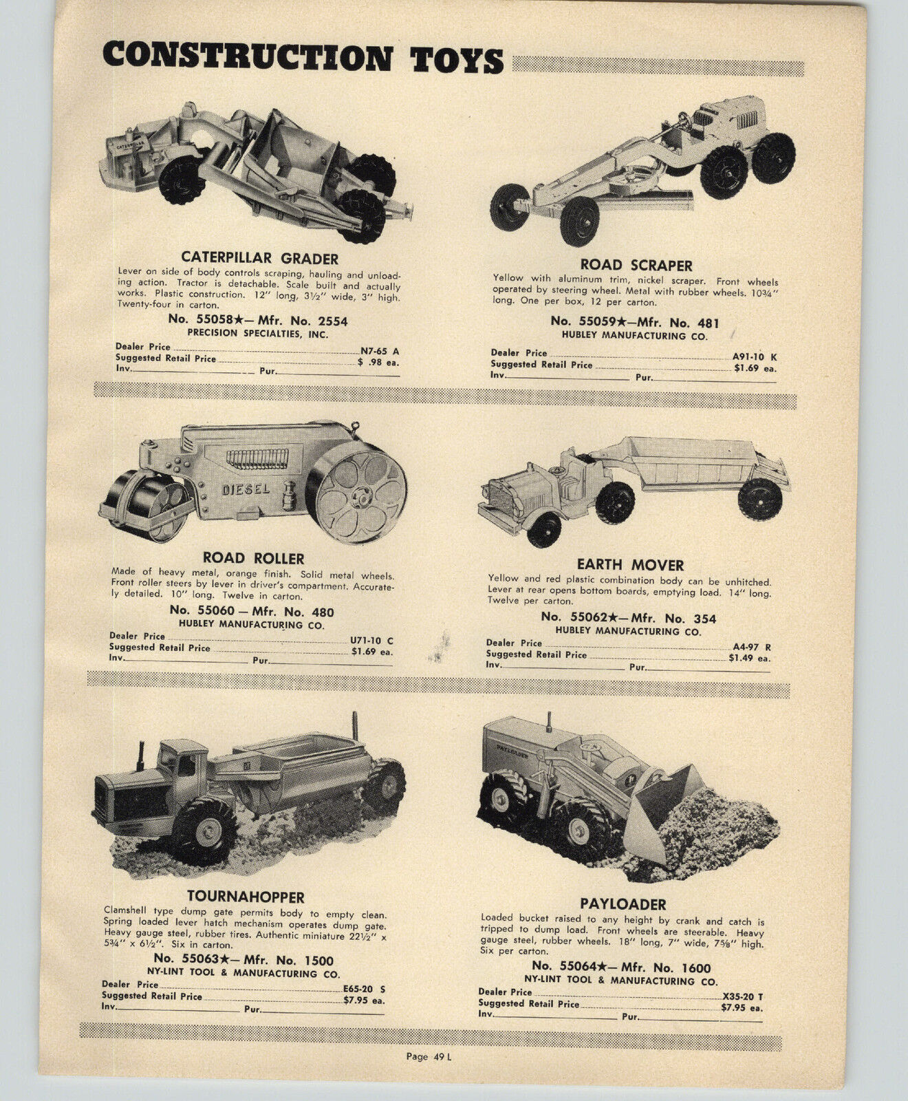 1952 PAPER AD Hubley Toy Metal Diesel Road Roller Earth Mover Doepke Bulldozer +