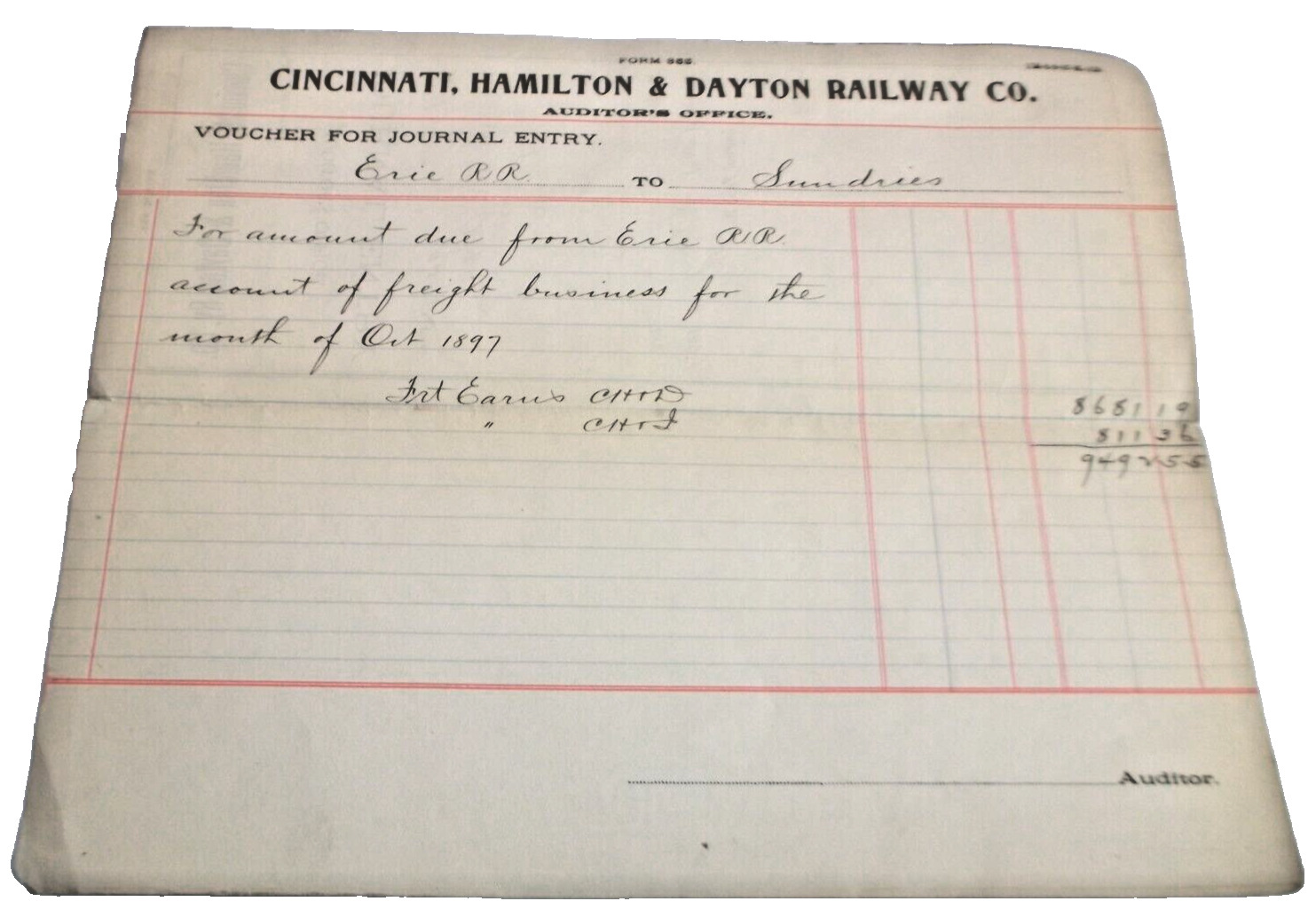 OCTOBER 1897 CINCINNATI HAMILTON & DAYTON JOURNAL ENTRY VOUCHER CHECK TO ERIE