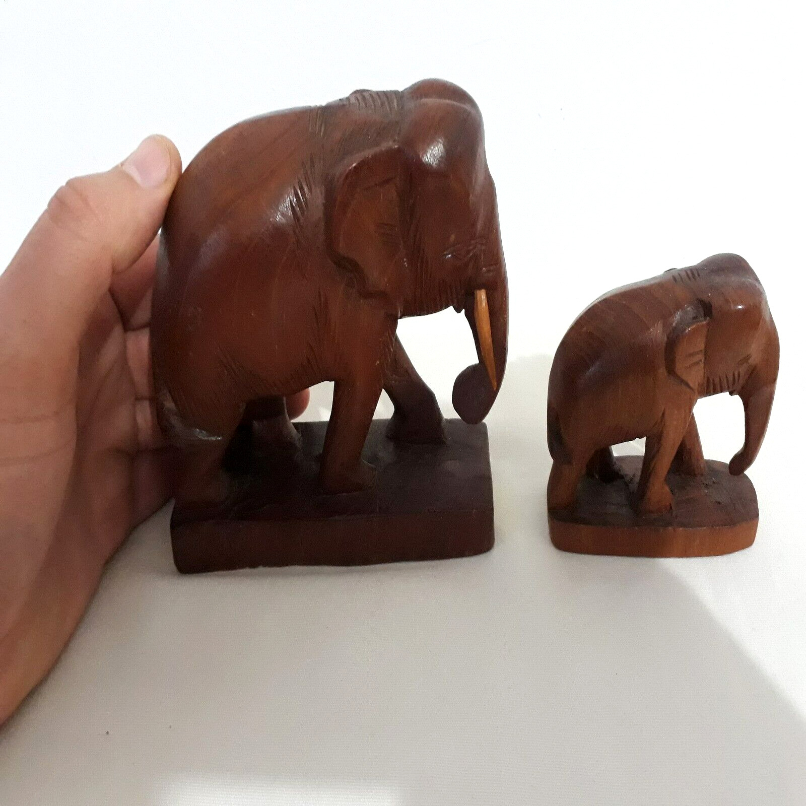 Vintage Hand Carved Wood Elephant Figurine Wooden Statue Decor Wth Tusks 5\