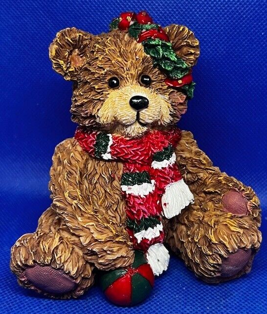 Vintage Christmas Teddy Bear with Scarf, Wreath and Ball Resin Figurine
