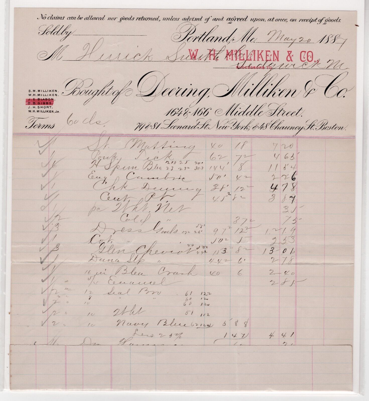 1887 Billhead W. H. Deering Milliken & Co Various Goods (Global business today)