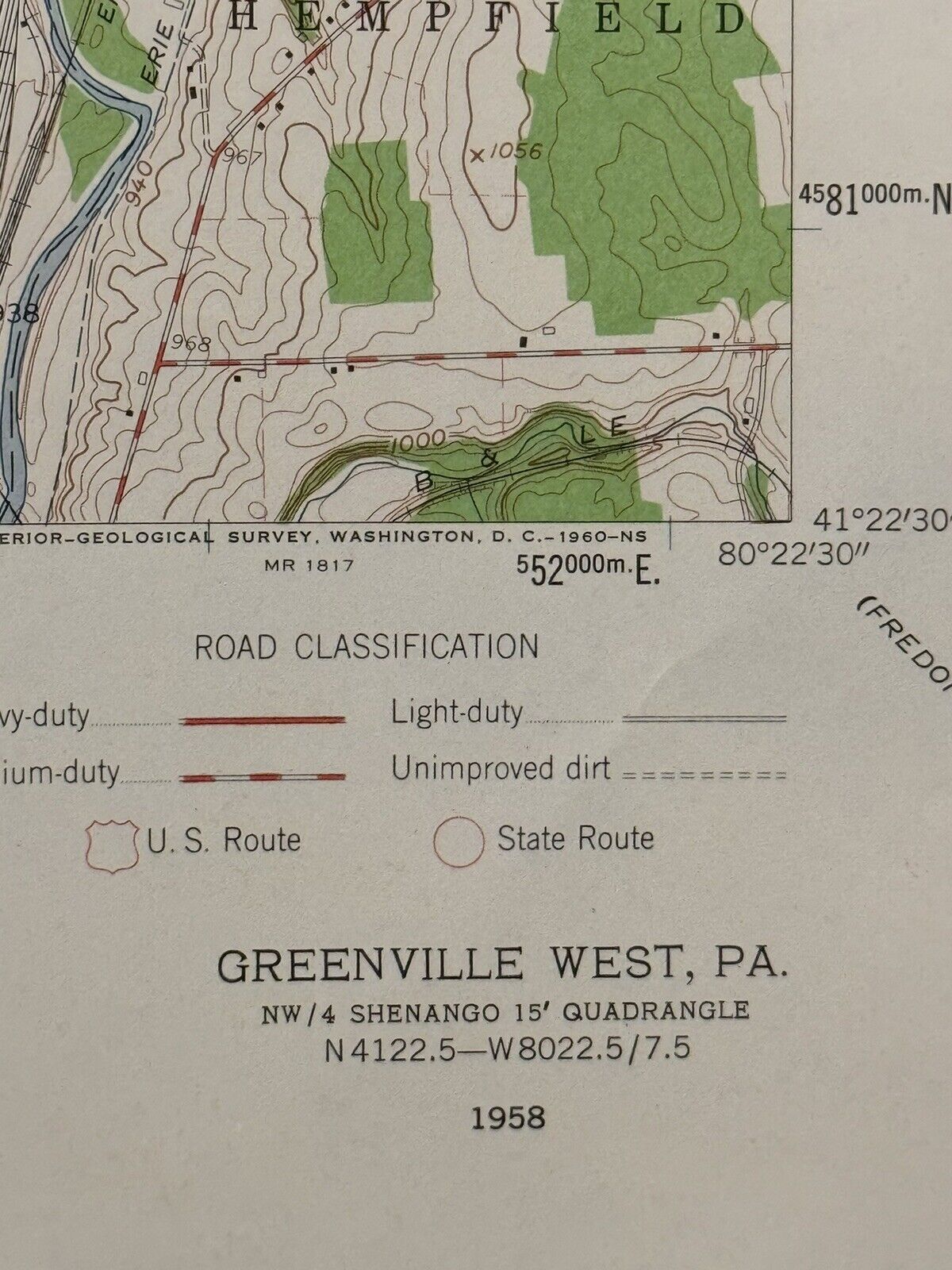 1958 Greenville West PA Shenango Quadrangle Hempfield US Geological Survey Map