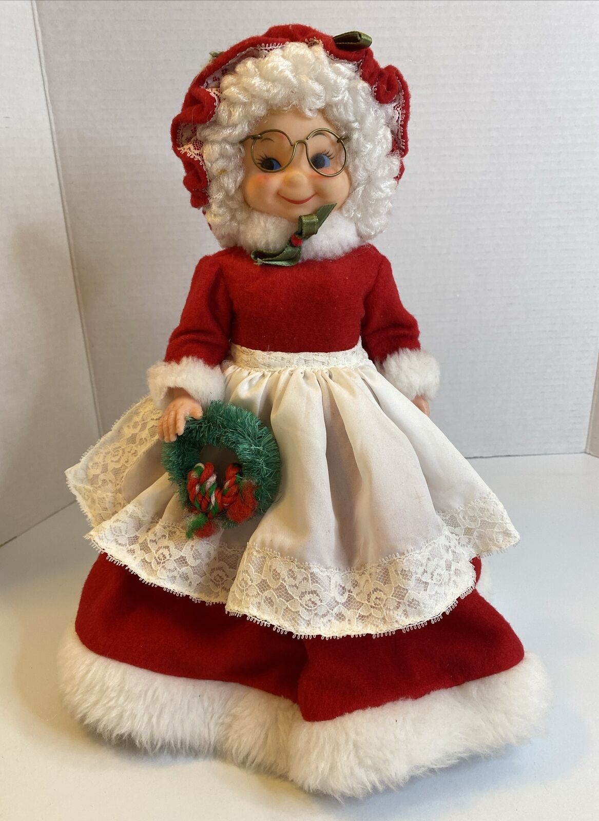 Vintage Mrs. Claus with Holly Wreath and Christmas Dress Hand Crafted 13”