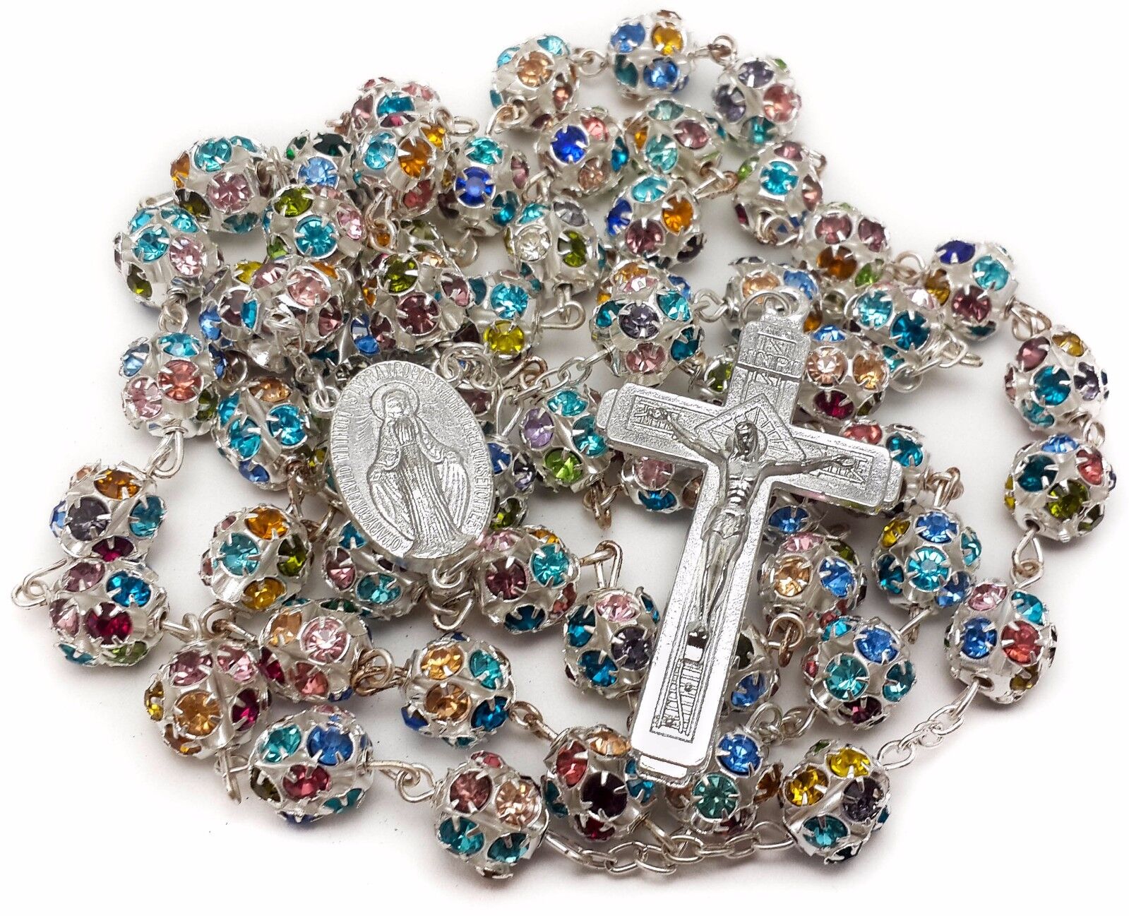 Colorful Zircon Beads Silver Rosary Catholic Necklace Miraculous Medal Cross